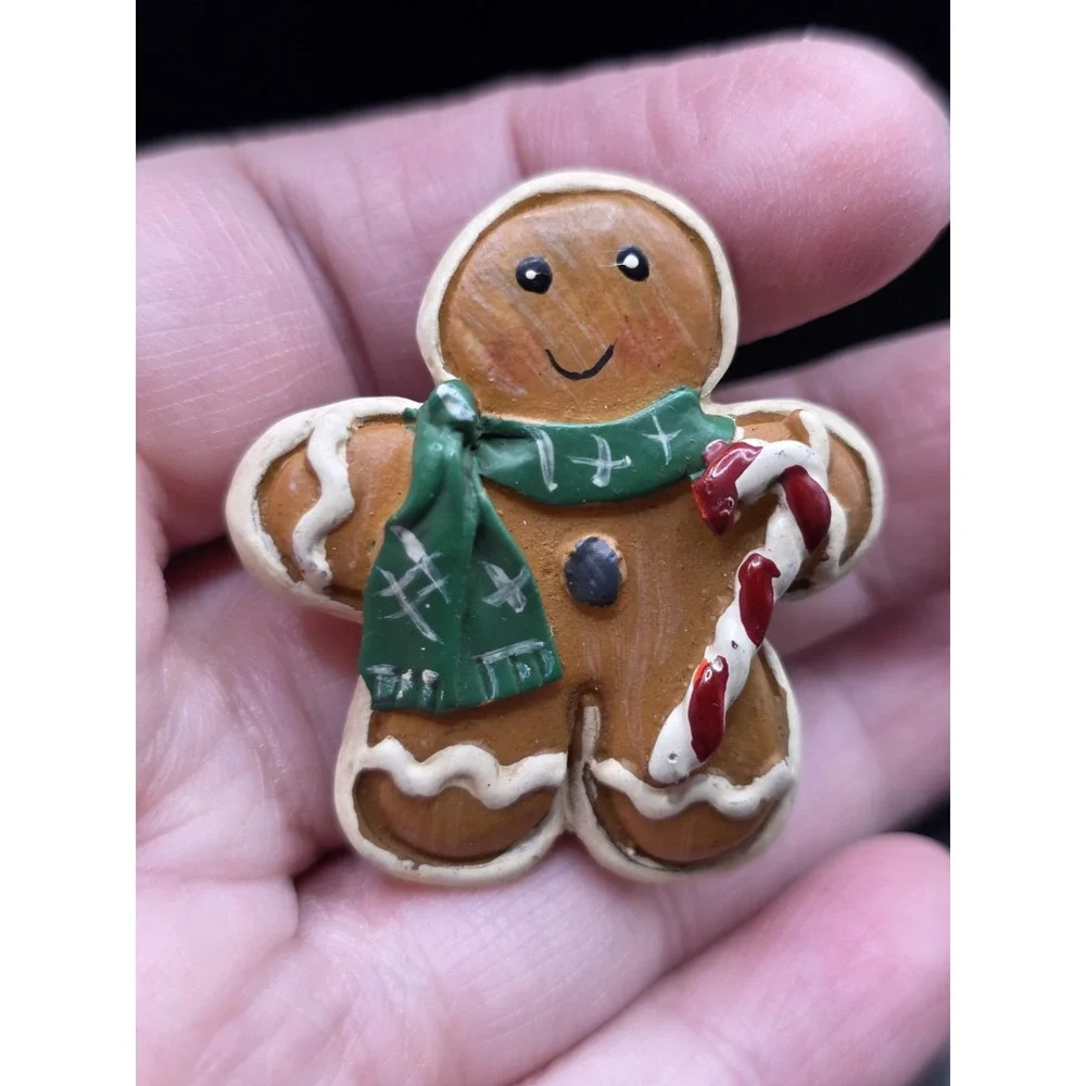 Gingerbread Man With Green Scarf & Candy Cane Lapel Pin